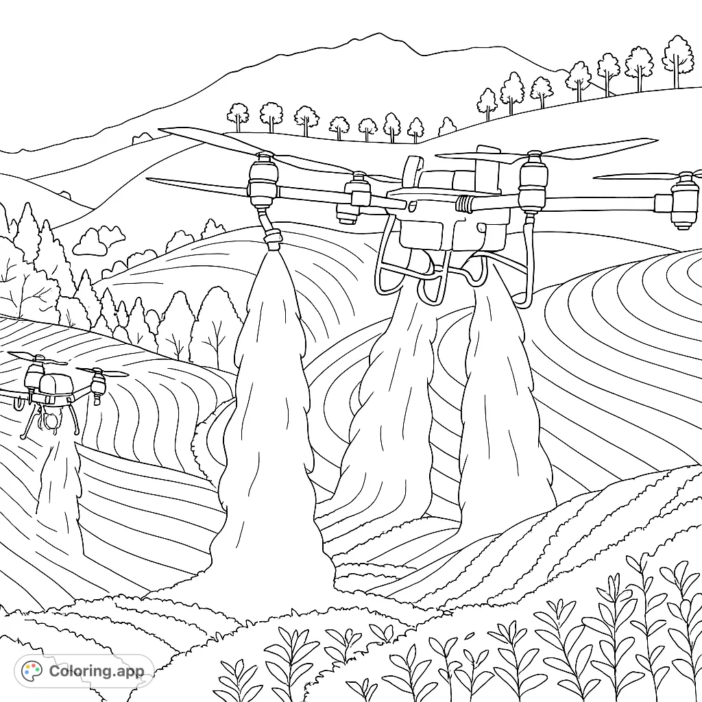 Explore modern farming with two high-tech agricultural drones spraying terraced crop fields. A detailed landscape of technology and nature.