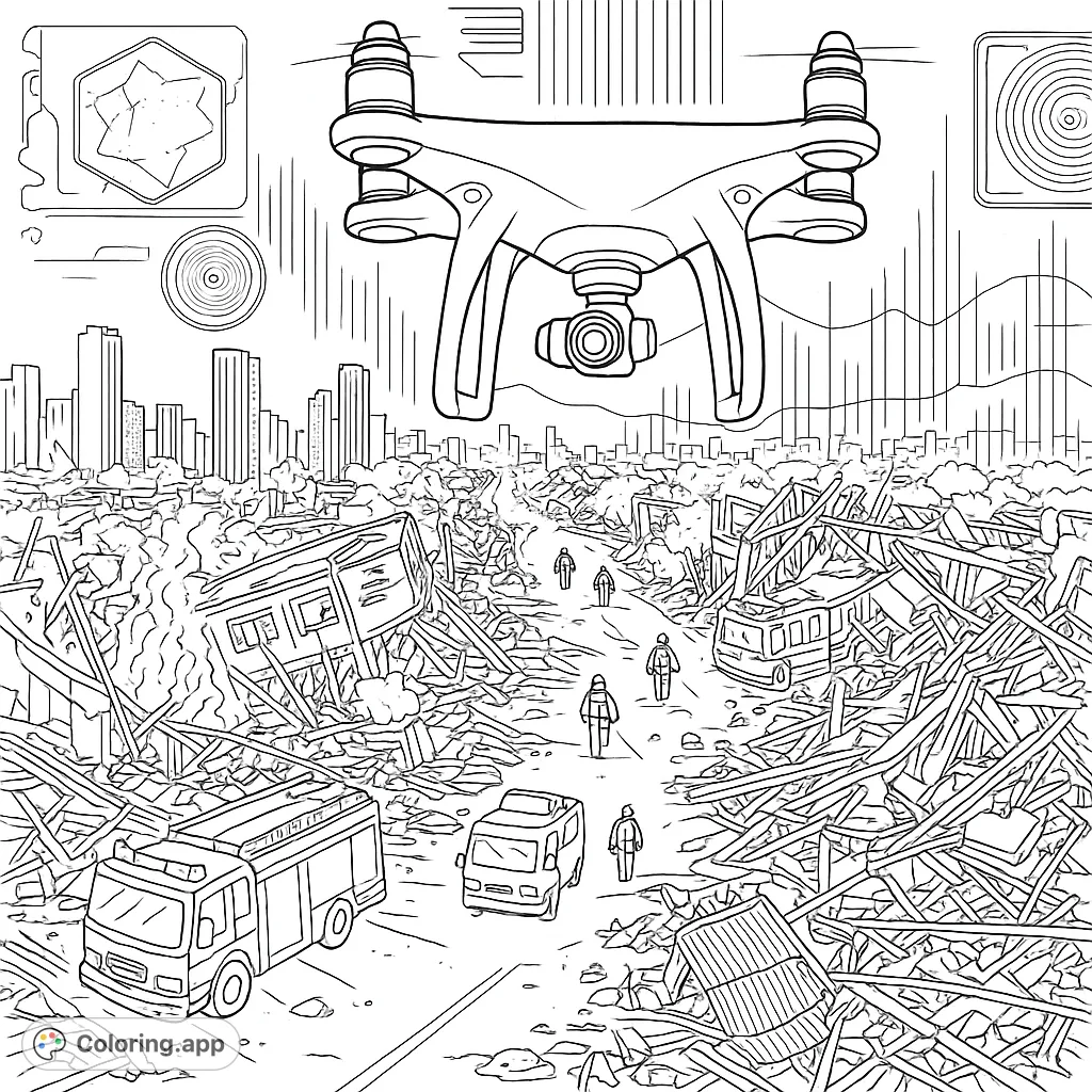 Explore a dynamic urban disaster relief scene featuring a drone monitoring rescue efforts amidst debris and emergency vehicles, perfect for a detailed coloring challenge.