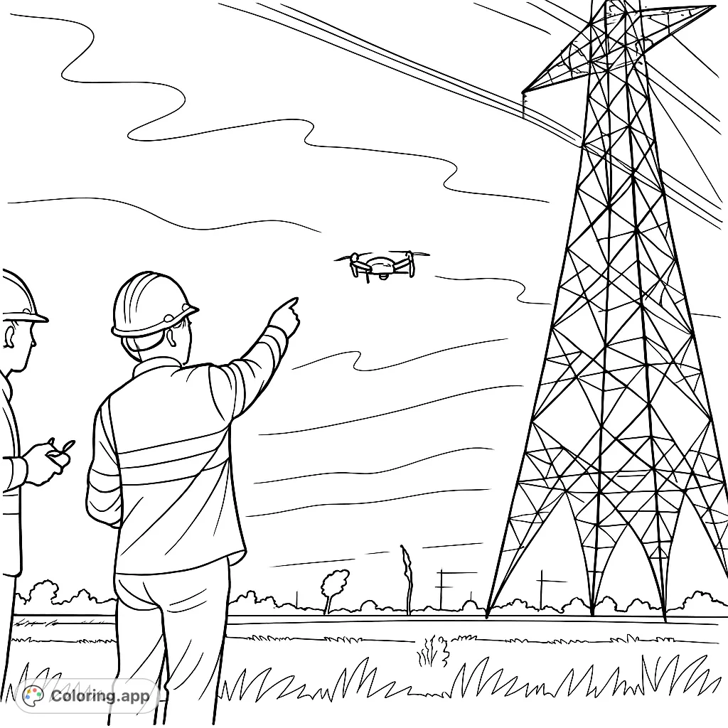 Explore modern engineering! Two workers use a drone to inspect a towering power line structure against a broad sky, perfect for tech-themed coloring.