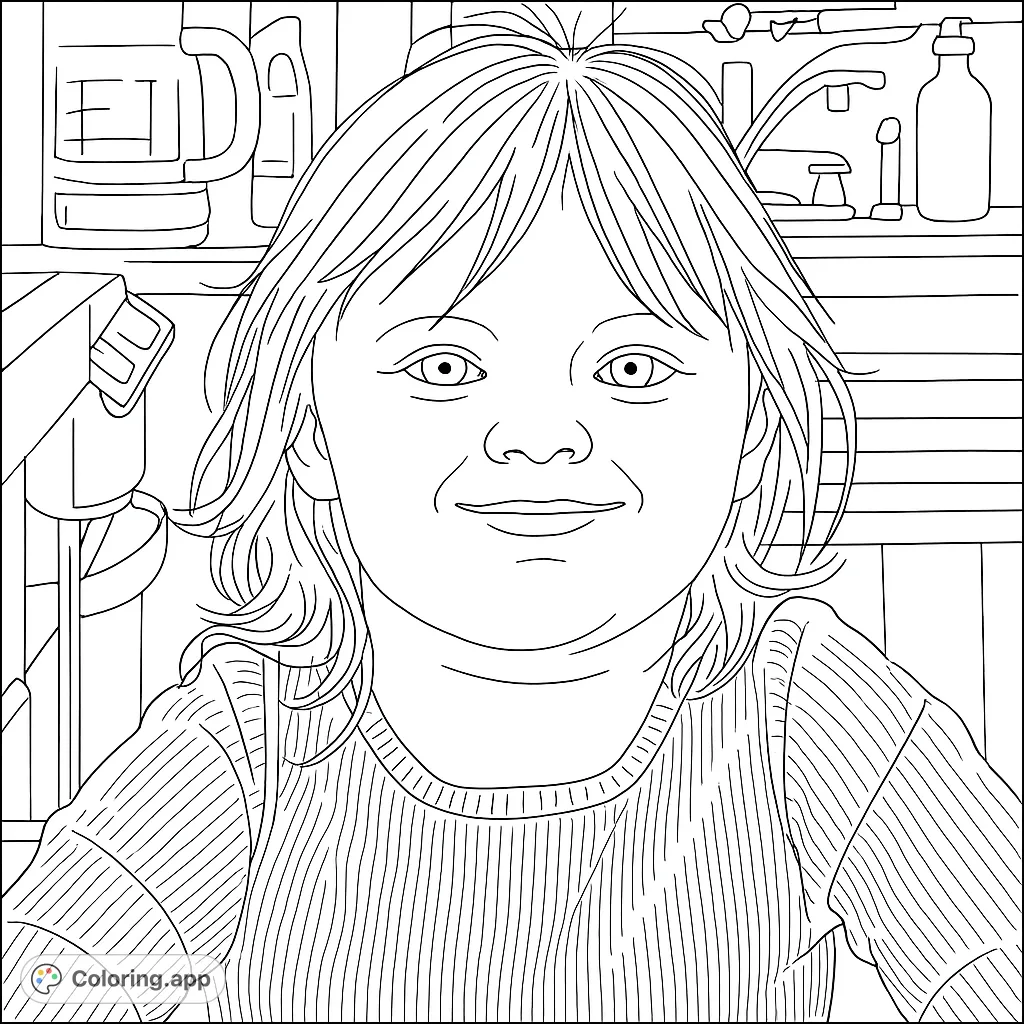 A charming portrait of a smiling child with textured hair and a waffle-knit top, set against a softly blurred background. Perfect for young artists.