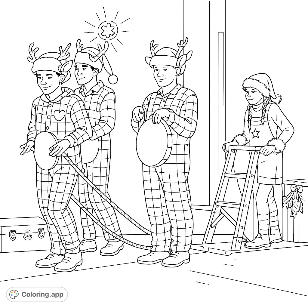 A delightful holiday scene featuring three figures in plaid, antlered pajamas pulling ropes, alongside another figure with a snowflake overall holding a festive sled.