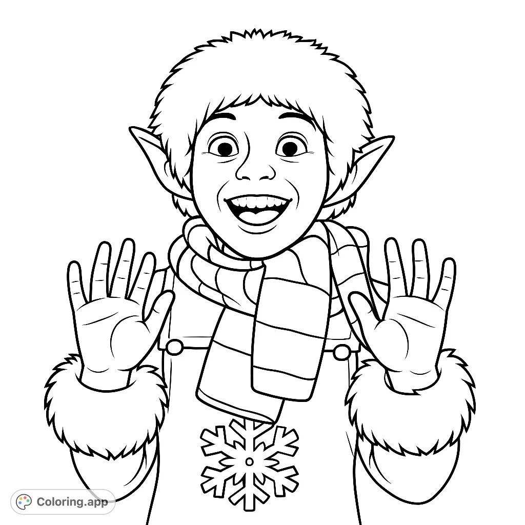 Capture the festive spirit with this jolly elf child coloring page, featuring a textured hat, striped scarf, and whimsical snowflake design. Perfect for holiday cheer!