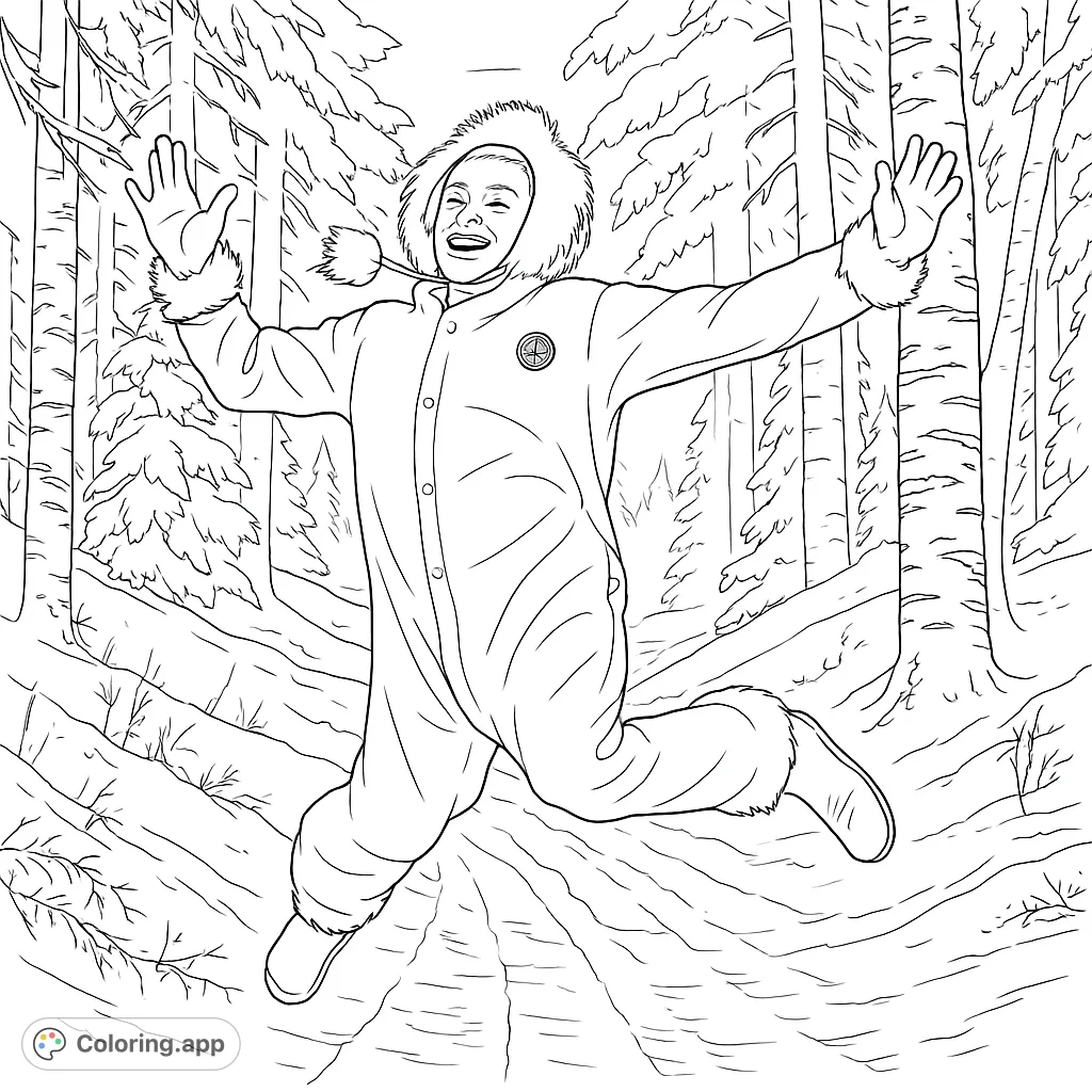 Experience the joy of a person leaping through a snow-covered forest, adorned in a cozy, furry winter suit. A whimsical winter scene.