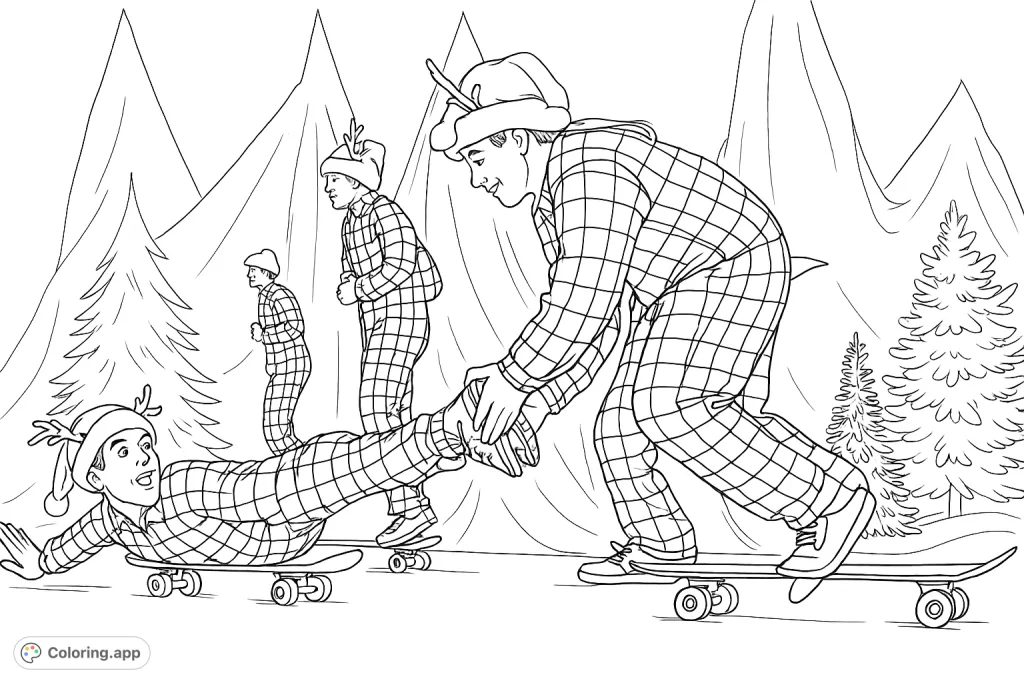 Join these playful reindeer in plaid pajamas on skateboards in a festive winter scene! A fun and unique holiday coloring page for all ages.