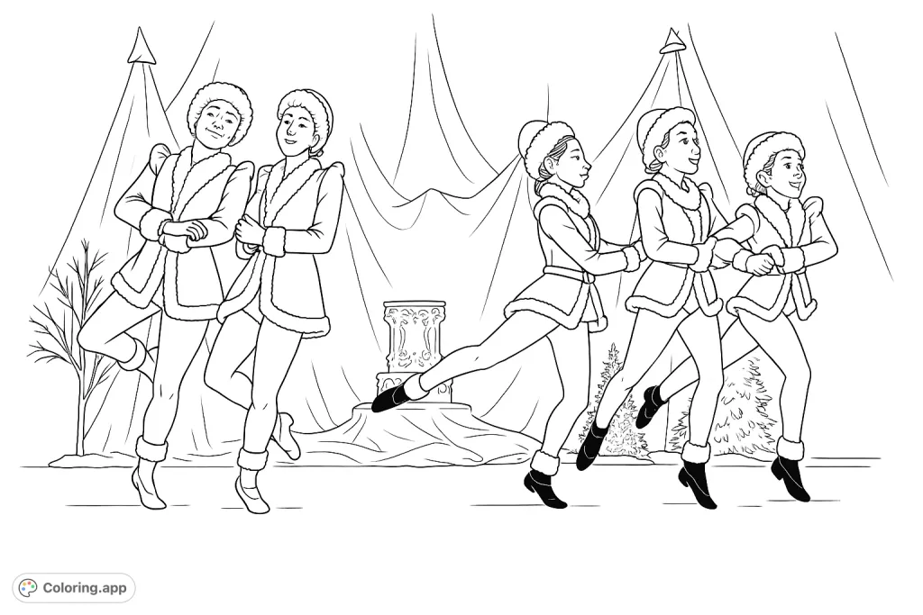 Capture the joy of a winter performance! Four young dancers in festive outfits pose gracefully on a stage with a snowy backdrop and decorative trees. Perfect for holiday fun.