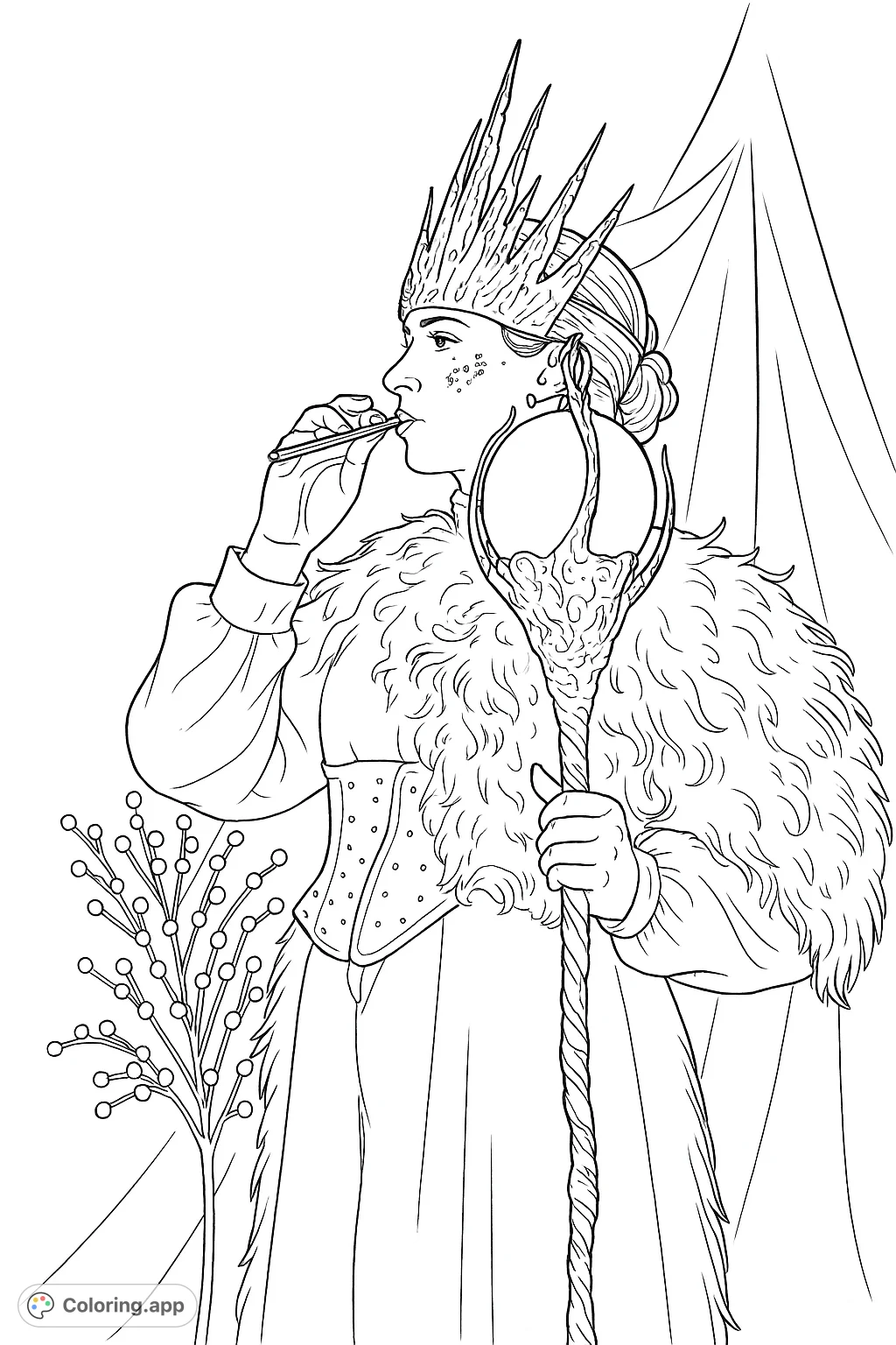 An enchanting winter queen with a spiky crown and a luminous staff, playing a magical instrument amidst a whimsical setting. Perfect for fantasy fans!