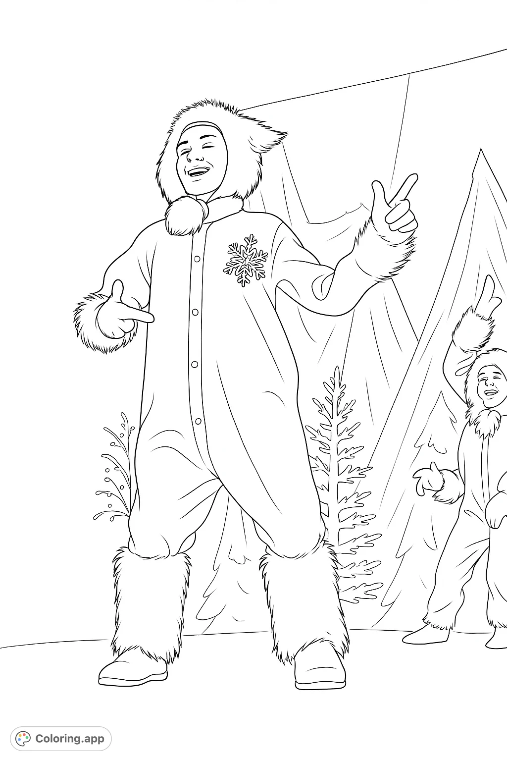 A joyful performer in a whimsical winter creature costume with a snowflake emblem, surrounded by festive stage props and fellow costumed figures.