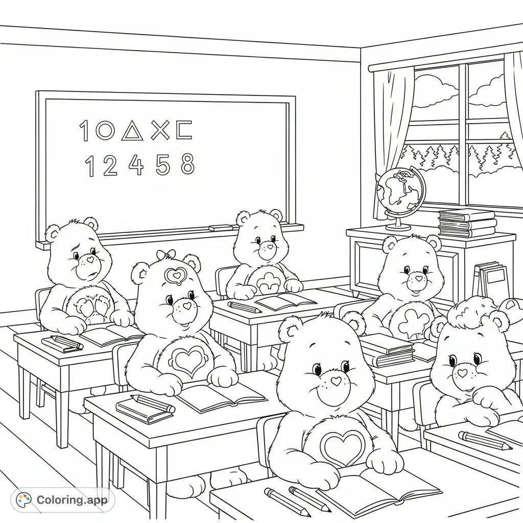 Join Grumpy, Cheer, and Funshine Bear for an adorable classroom adventure! This delightful coloring page features Care Bears learning, perfect for sparking joy.