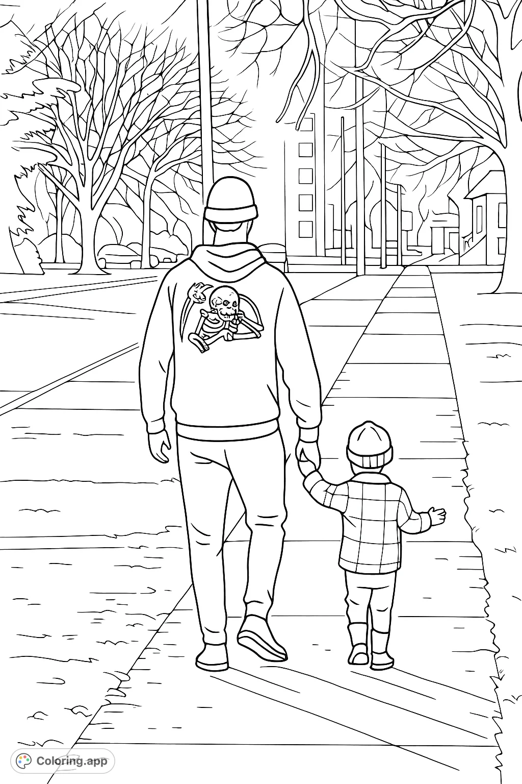 A heartwarming scene of a tall figure and a small child walking hand-in-hand on a sidewalk, lined with trees and distant buildings. Capture a moment of connection.