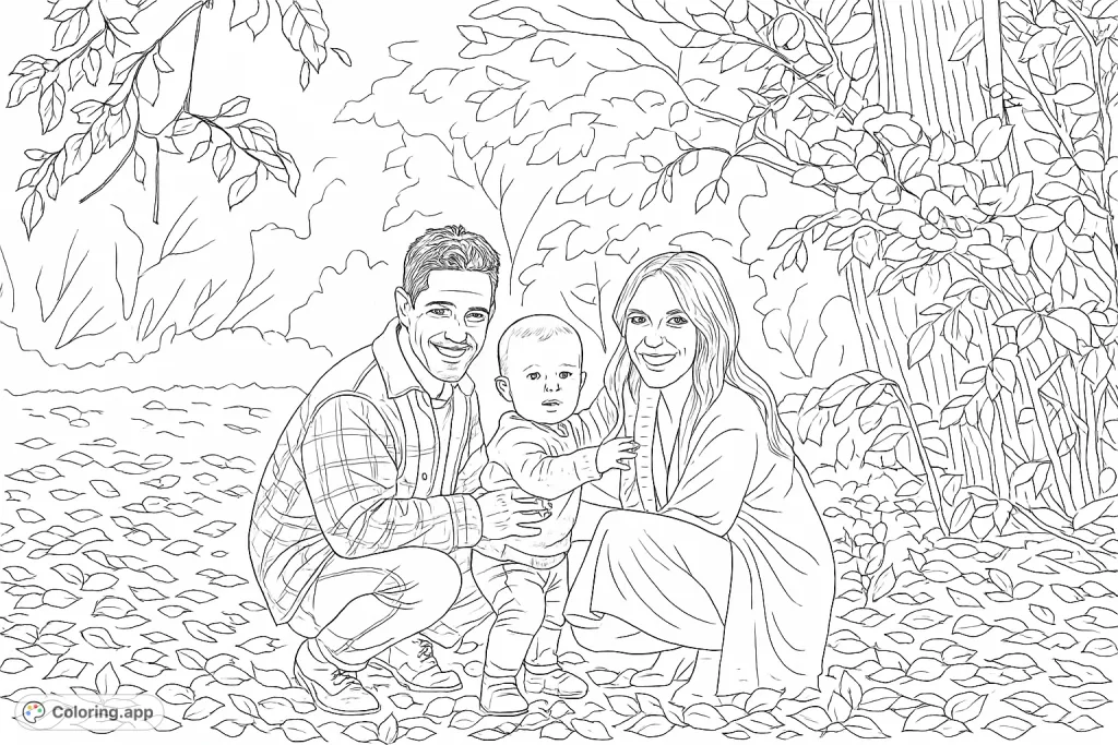 Capture a heartwarming family moment in an autumnal forest. This free printable family coloring page features parents and their baby surrounded by scattered leaves and trees.