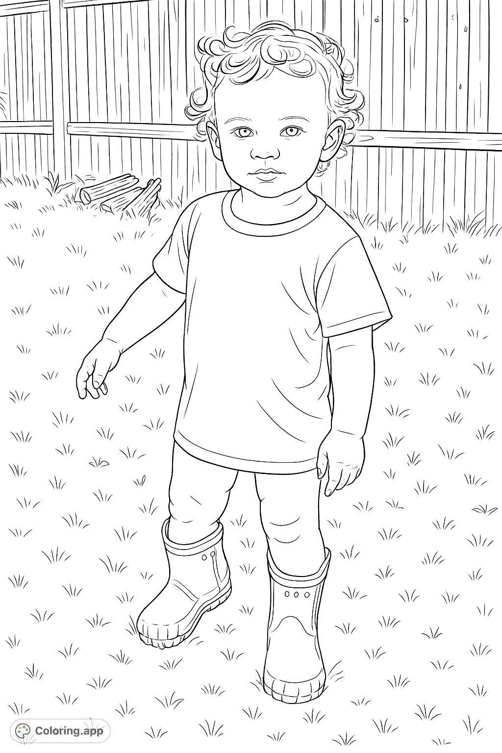 A delightful coloring page featuring a curly-haired toddler in rain boots, standing playfully in a grassy yard by a rustic wooden fence.