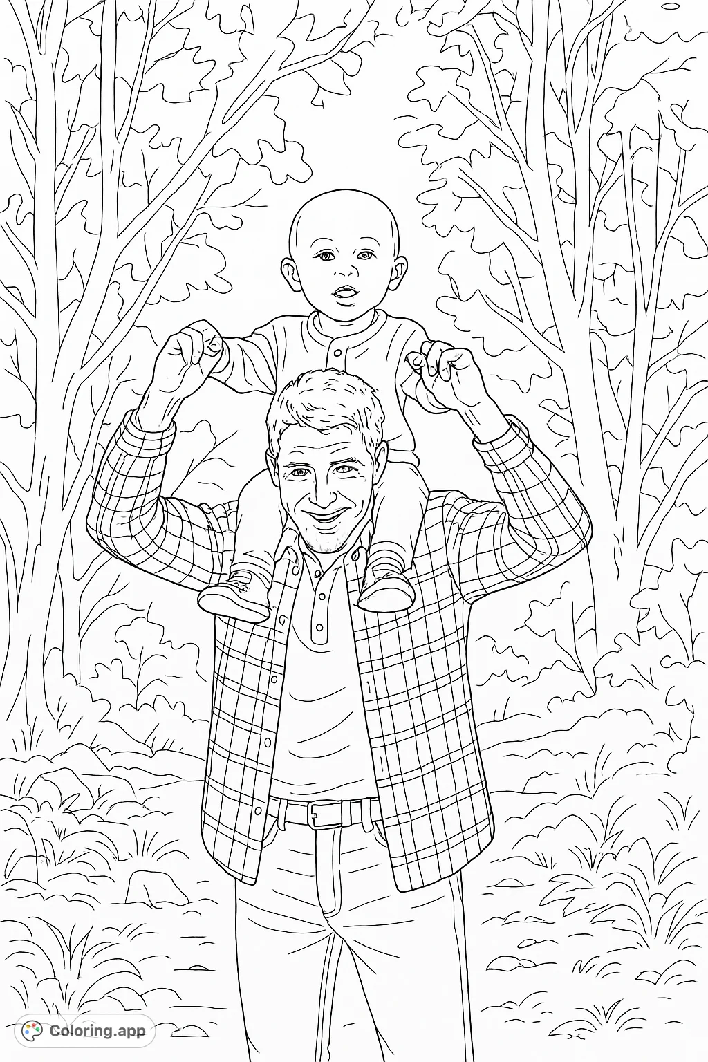 Capture a heartwarming moment with this father and child coloring page, featuring a shoulder ride amidst a serene natural setting. Perfect for family fun!