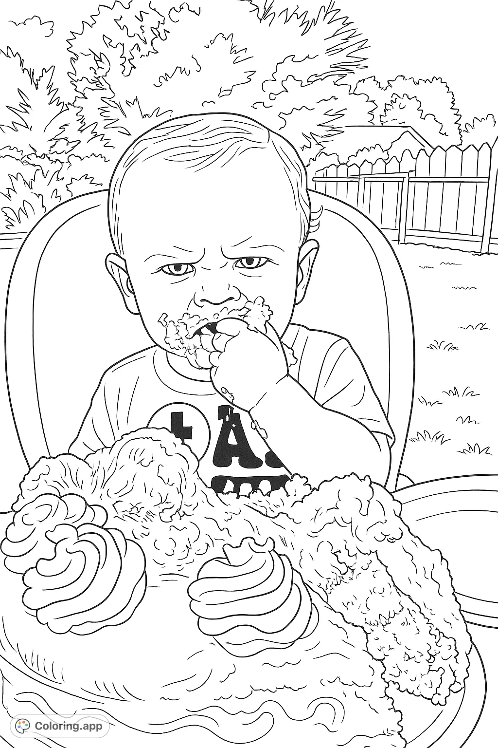 Capture the joyous chaos of a baby's first cake smash! This delightful coloring page features a sweet child exploring a messy cake.