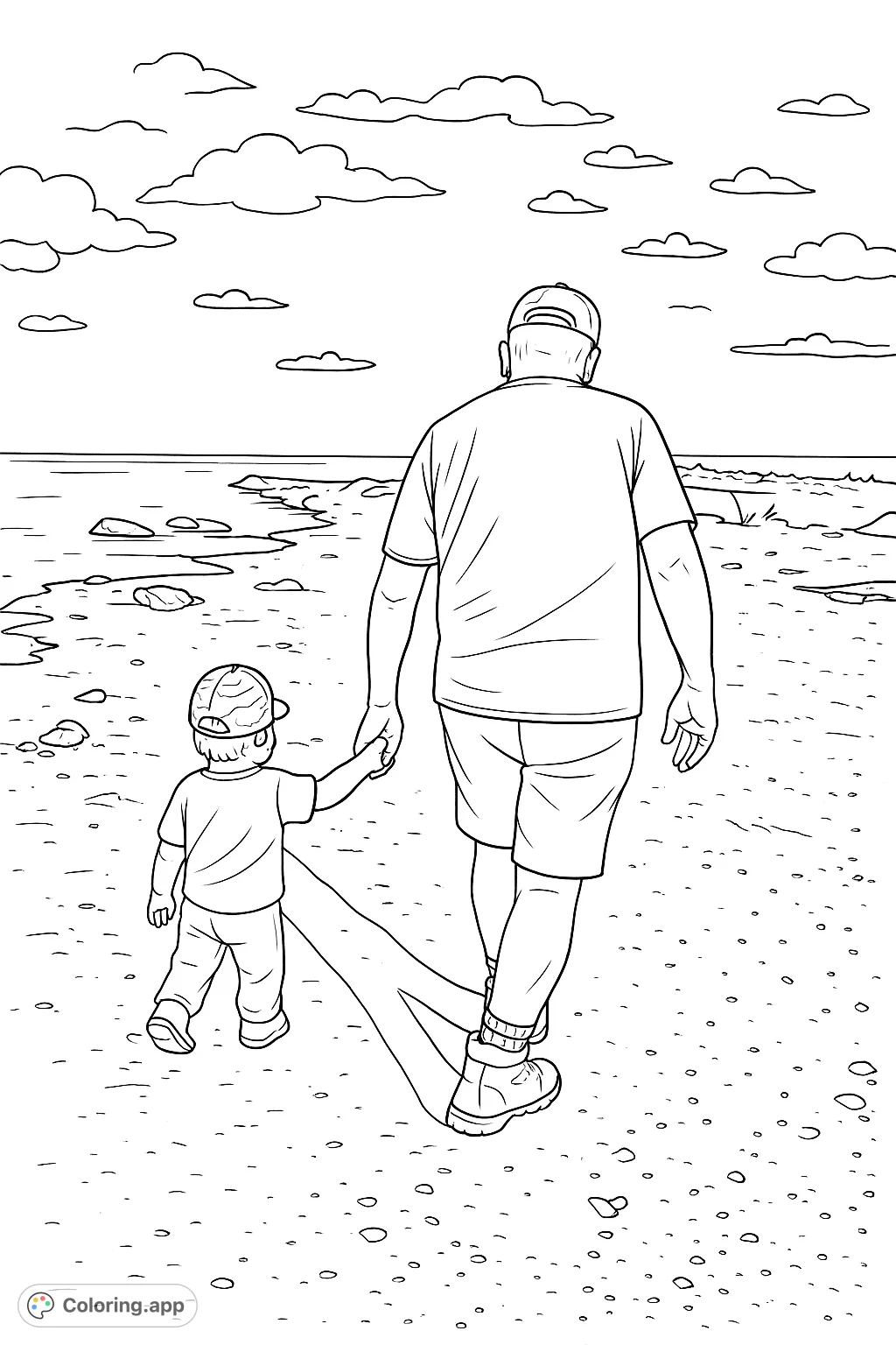 An adult and child share a hand-in-hand stroll along a textured shoreline with water and distant land. A heartfelt scene for all ages.