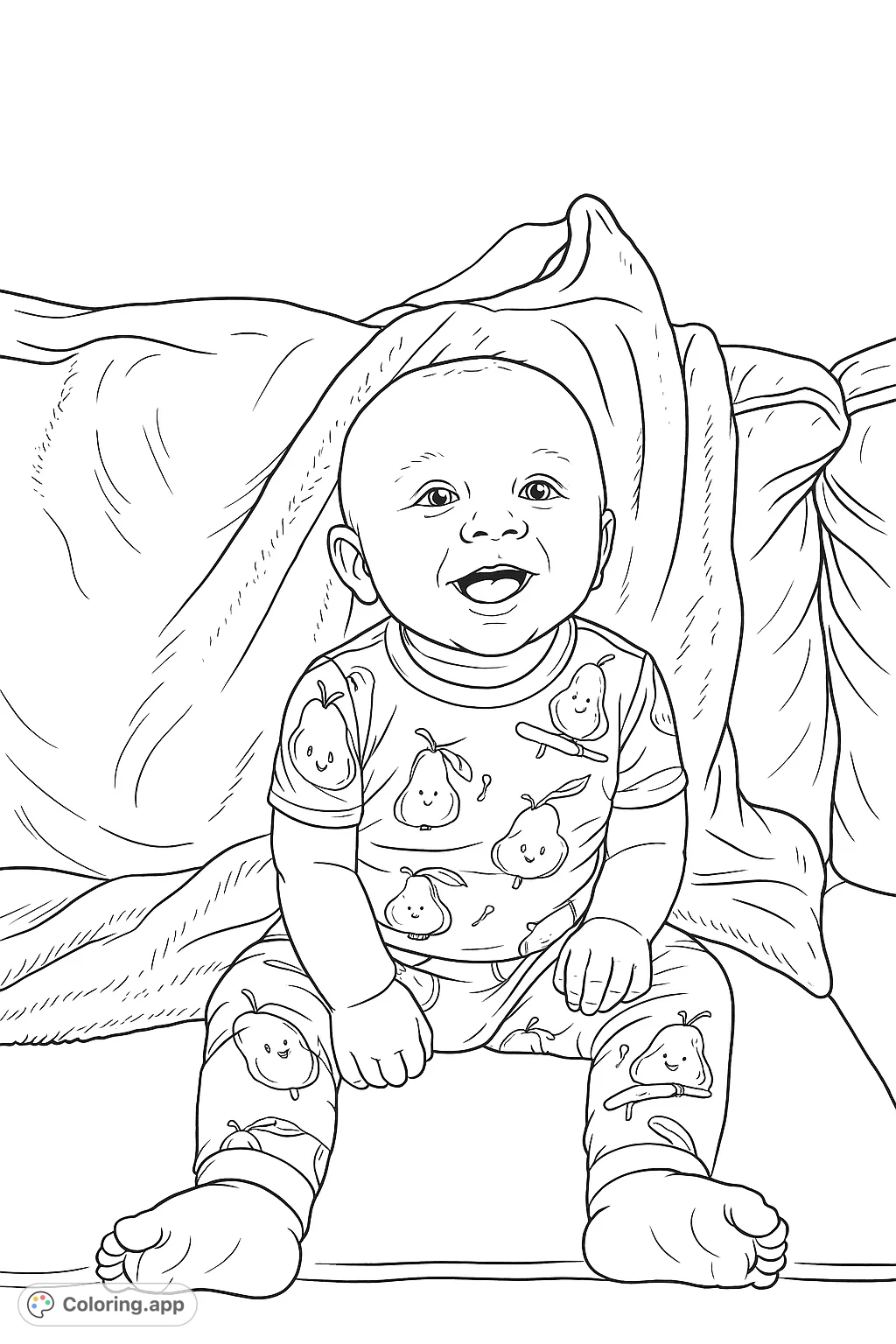 Capture the heartwarming joy of a smiling baby in an adorable avocado-patterned outfit, sitting cozily on a sofa with a textured blanket.