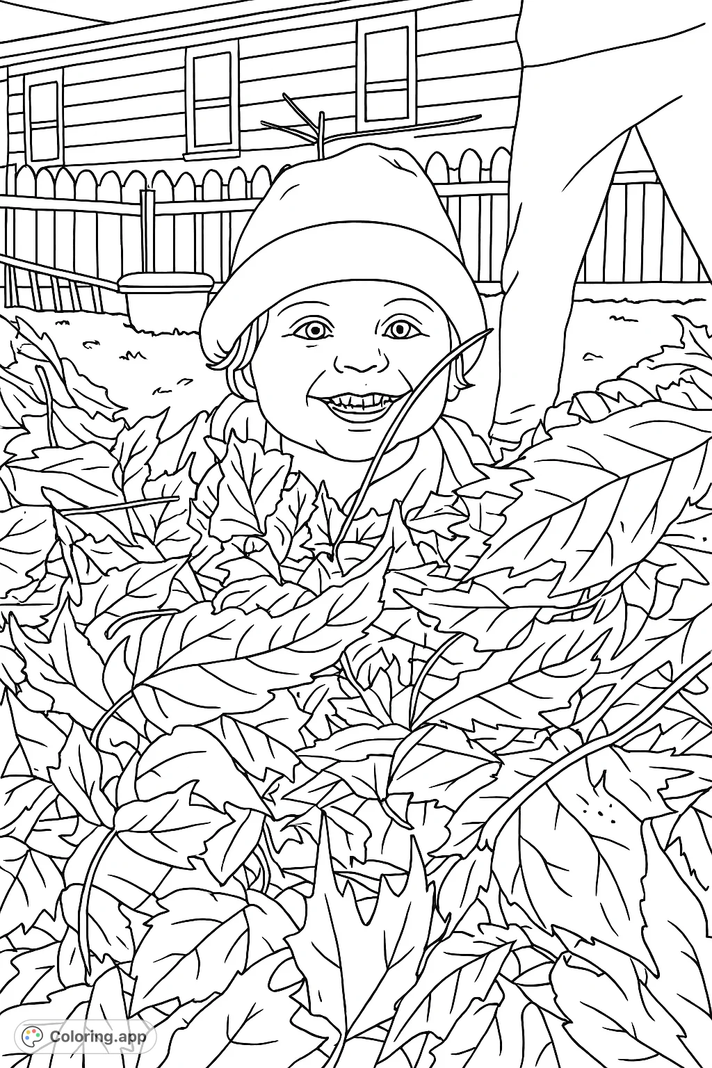 Discover a joyful child peeking from a pile of autumn leaves, ready for creative coloring. A charming scene for fall fun and imaginative play.