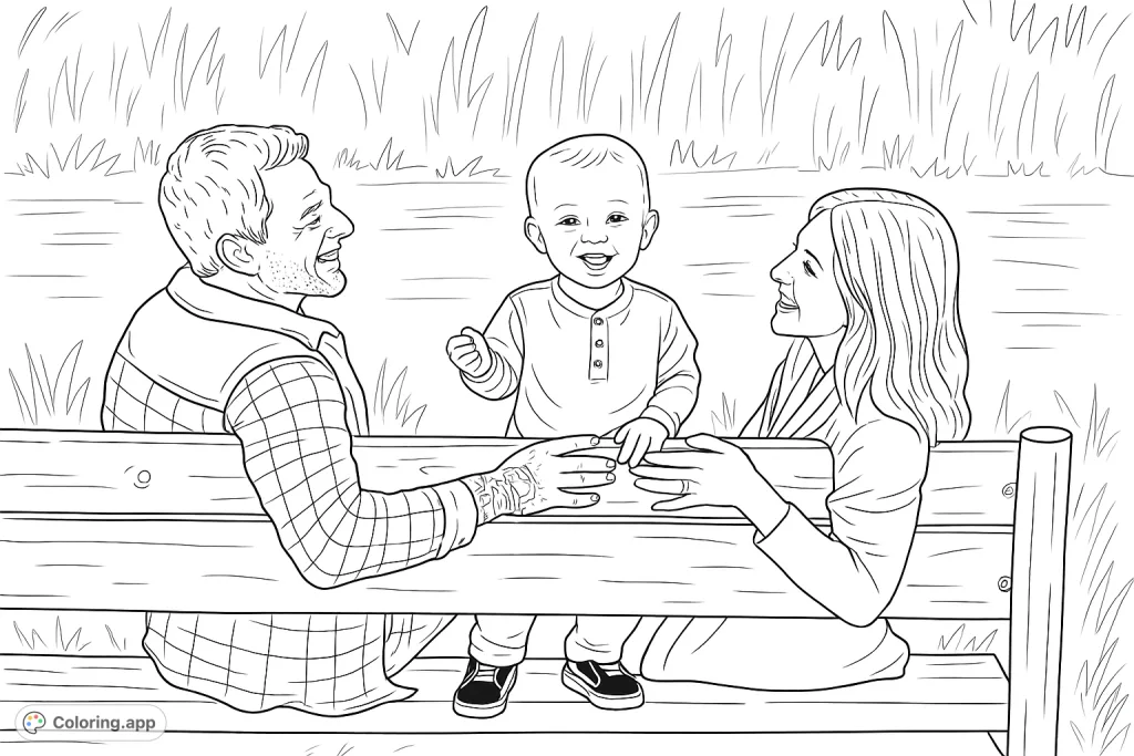 Capture a heartwarming family moment at the park. This delightful coloring page features a happy family on a wooden bench by the water, perfect for all ages.