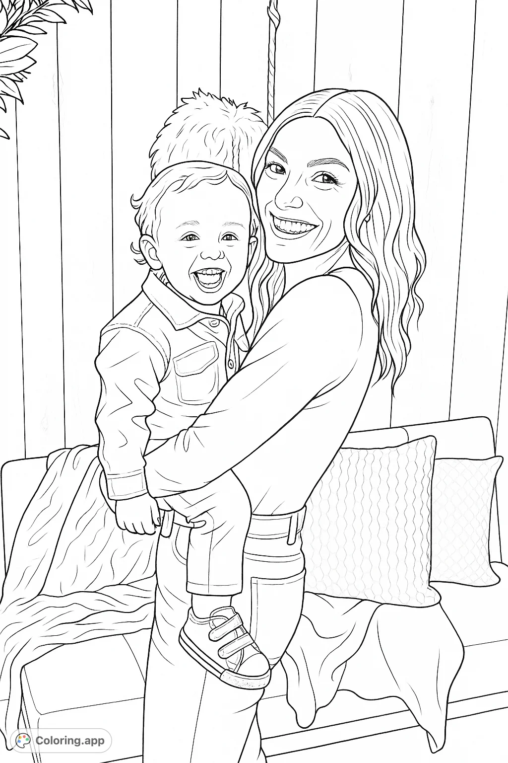 Capture the heartwarming embrace of a smiling mother and her joyful child. This family portrait offers a delightful scene, perfect for adding your personal artistic touch.