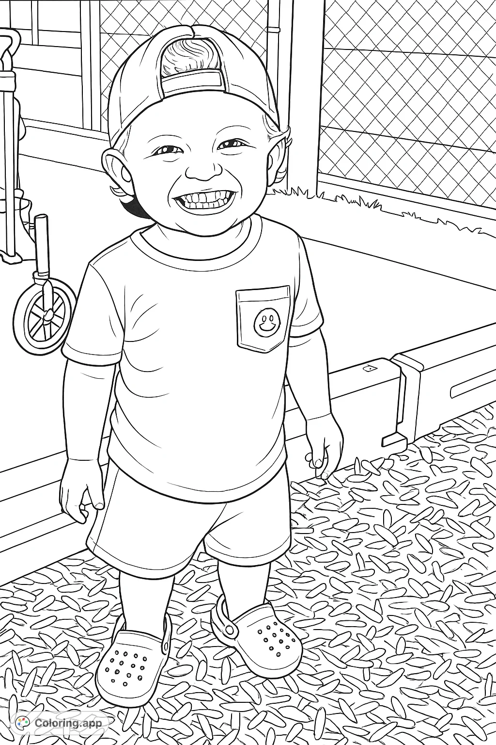 A delightful coloring page featuring a happy toddler smiling brightly, wearing a cap and casual attire, standing on a wood chip ground. Perfect for kids!