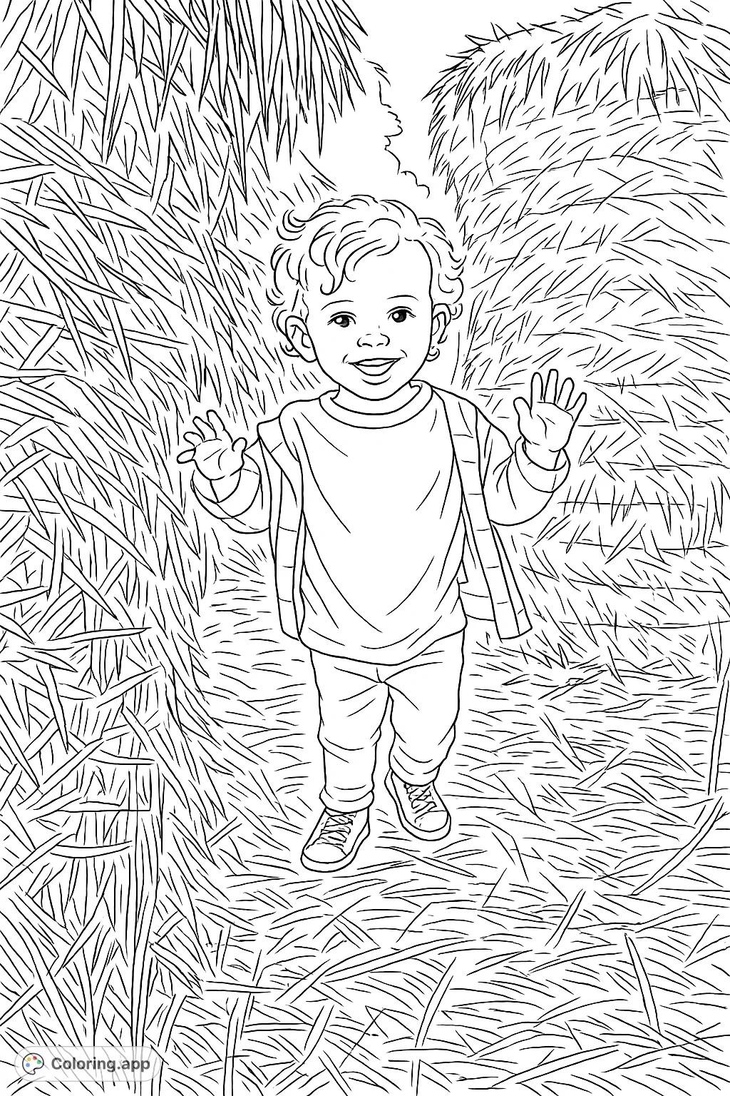 A joyful child with curly hair smiles while exploring a playful maze made of textured hay bales. Perfect for fall and farm-themed fun.