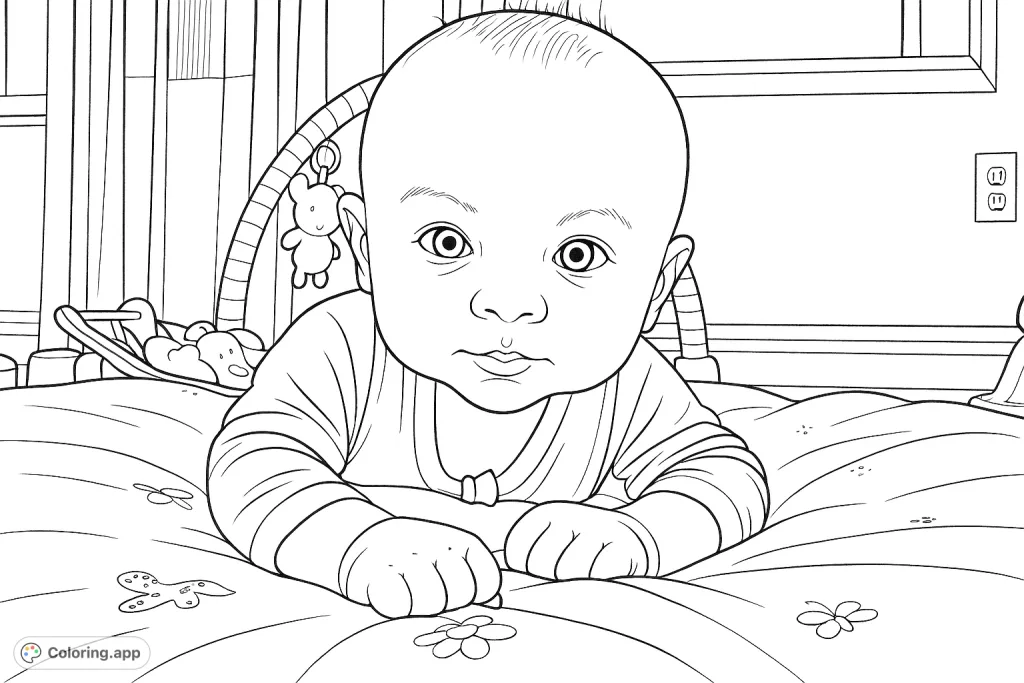 A delightful baby lies on a soft play mat, gazing forward with curious eyes. Features a charming infant ready for a personal touch of color.