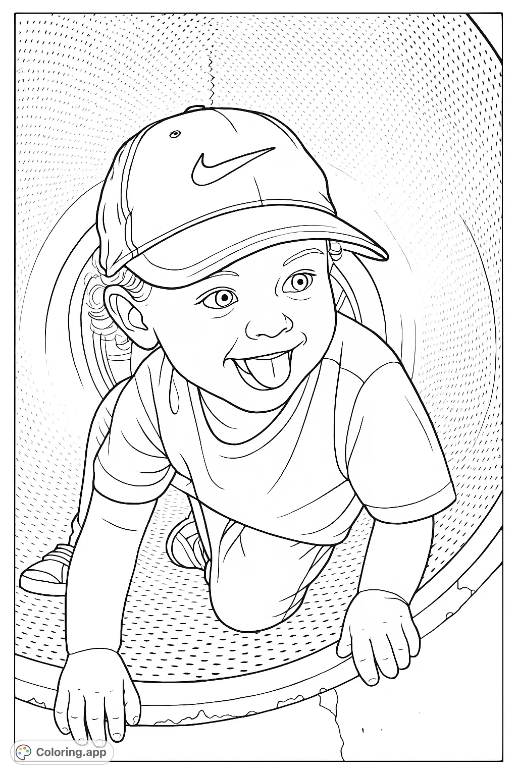 A joyful toddler crawls through a textured playground tunnel, smiling playfully. A delightful kids coloring page featuring a happy child's adventure.