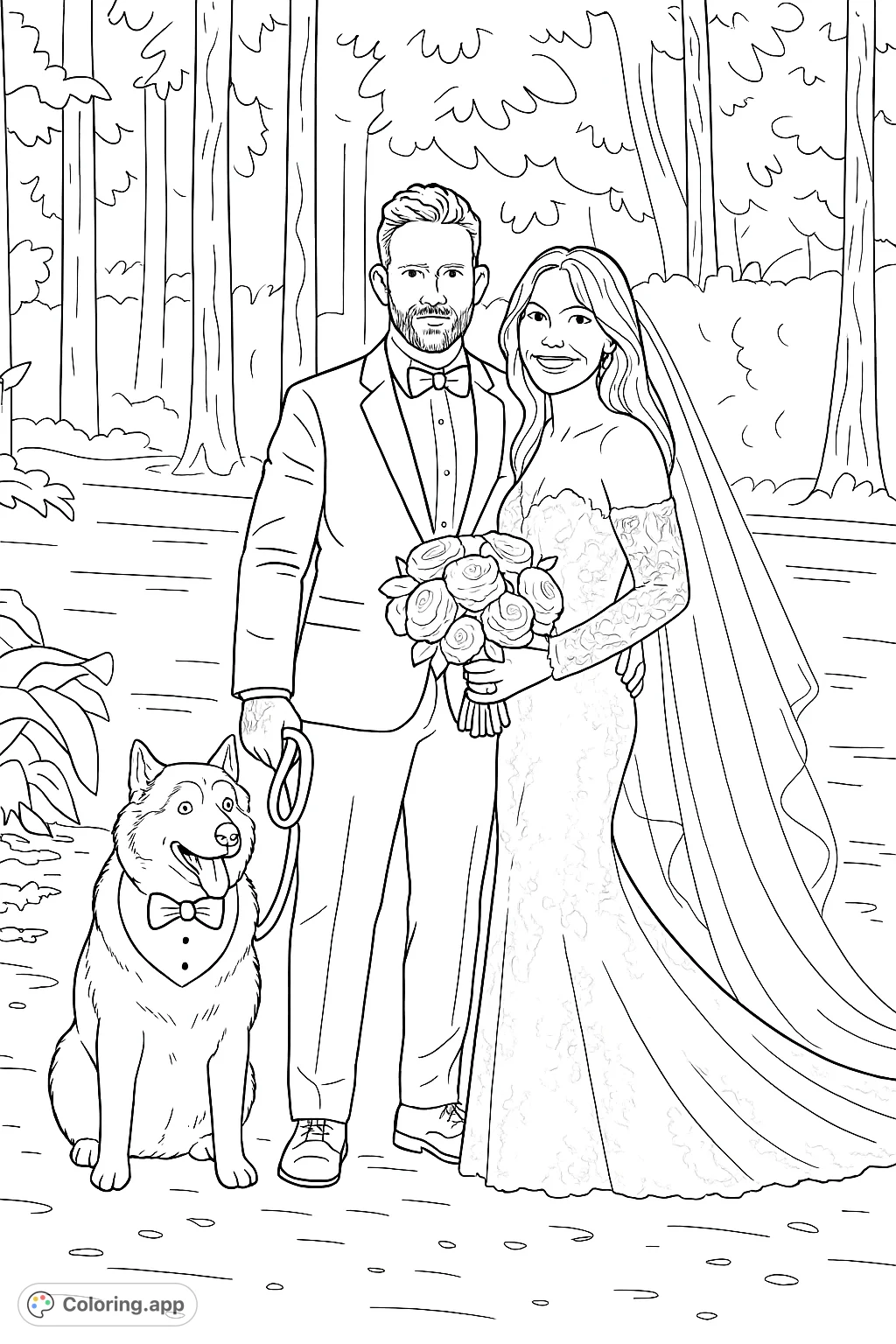 Celebrate love with this wedding couple and their charming husky, featuring intricate details and a serene outdoor backdrop for coloring.