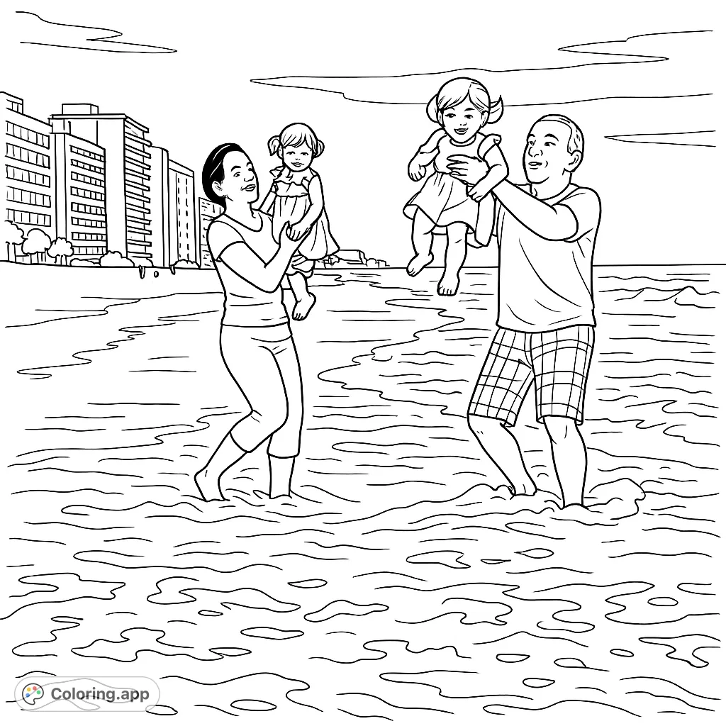Enjoy a heartwarming beach scene featuring a family playing in the ocean. Capture memories of joyful splashing and seaside fun with this free printable family coloring page.