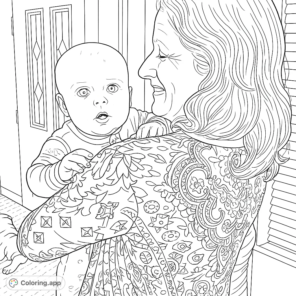 Capture a heartwarming moment: an adult gently holds a wide-eyed baby, featuring intricate patterns and soft details for a personal touch.