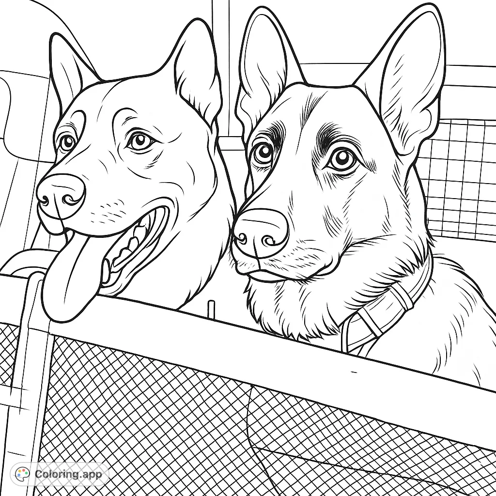A heartwarming coloring page featuring two loyal dogs, a patterned and a solid-coated companion, enjoying a car ride in their travel booster. Perfect for animal lovers.