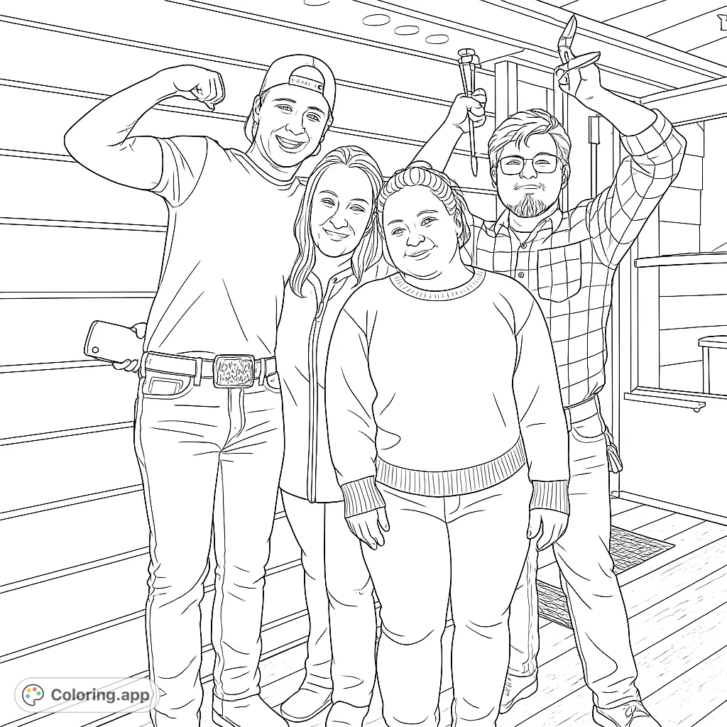 A cheerful family gathering with four smiling individuals, dynamic poses, and detailed house exterior background. Fun for all ages to color and personalize!