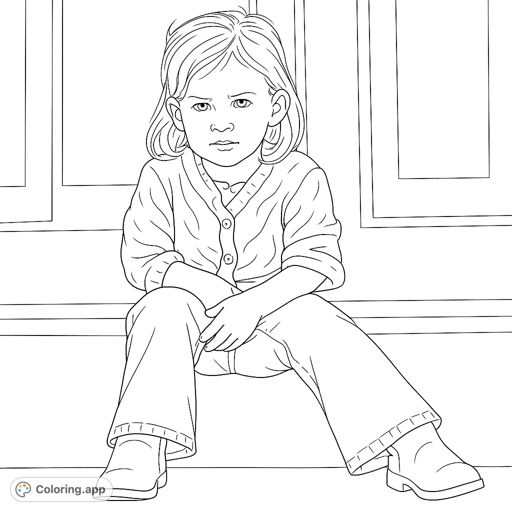 Capture the essence of a pensive child seated against a paneled wall. This charming portrait offers a delightful coloring experience for all ages.