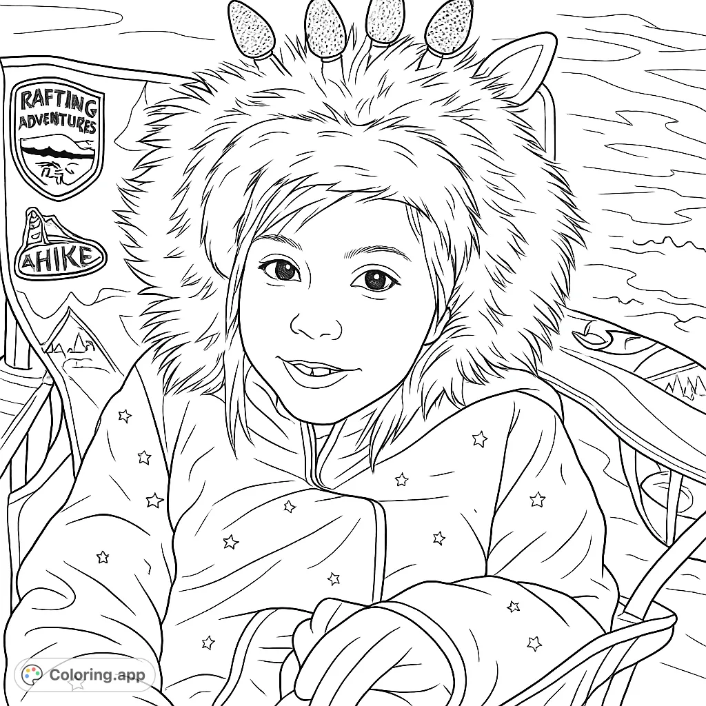 A charming child bundled in a cozy, star-patterned winter jacket and a fun light-up hood. Perfect for a festive coloring page adventure.