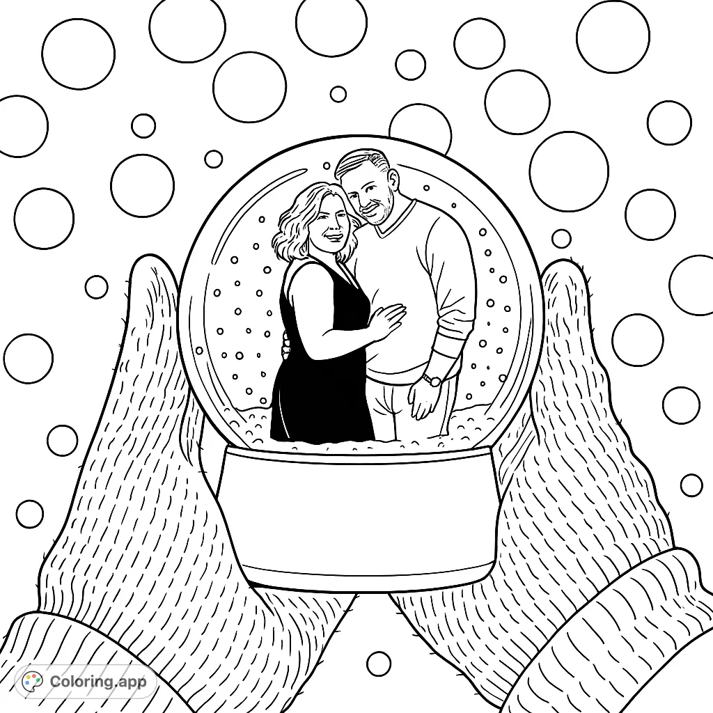 Capture a heartwarming scene of a couple within a snow globe, held by cozy gloved hands, surrounded by a festive, luminous background.