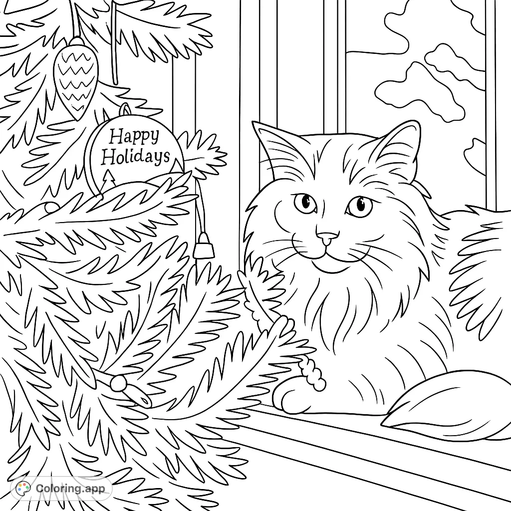 A charming feline rests beside a decorated holiday tree on a window sill, offering a cozy scene perfect for seasonal coloring.