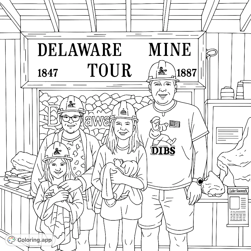 Family exploring a historic mine tour, wearing hard hats, posing in front of a significant sign. Perfect for adventurers and history enthusiasts.
