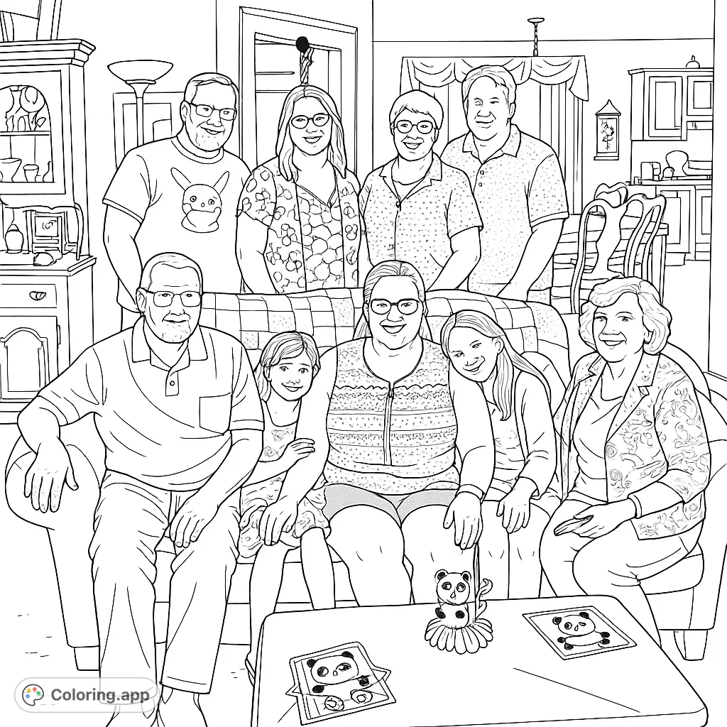 A heartwarming family portrait with eight members gathered in a living room, celebrating a birthday. Features a birthday crown and festive panda decorations.
