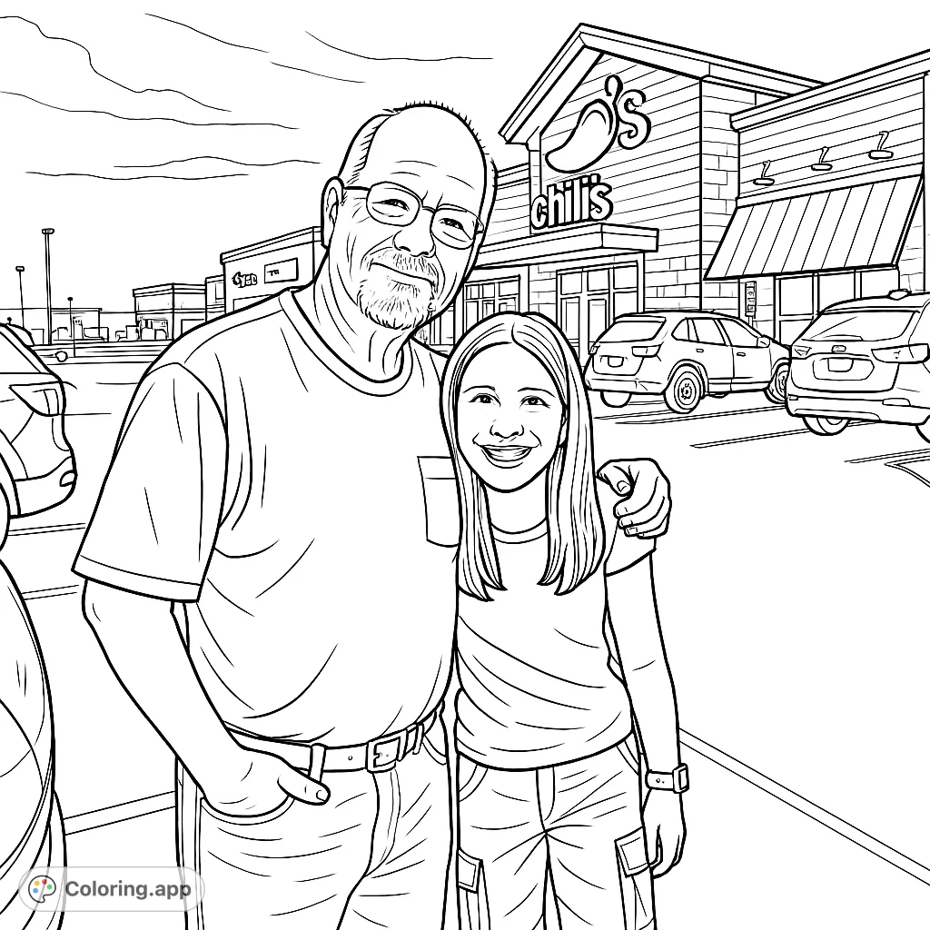A heartwarming family moment featuring an adult and a smiling child in front of a restaurant, perfect for a personalized coloring experience.