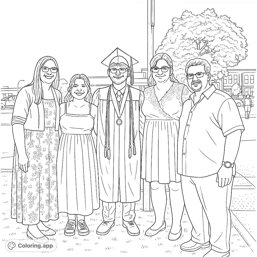 Celebrate a special milestone! This graduation family portrait features a beaming graduate with loved ones, surrounded by a festive outdoor scene, perfect for personalizing.