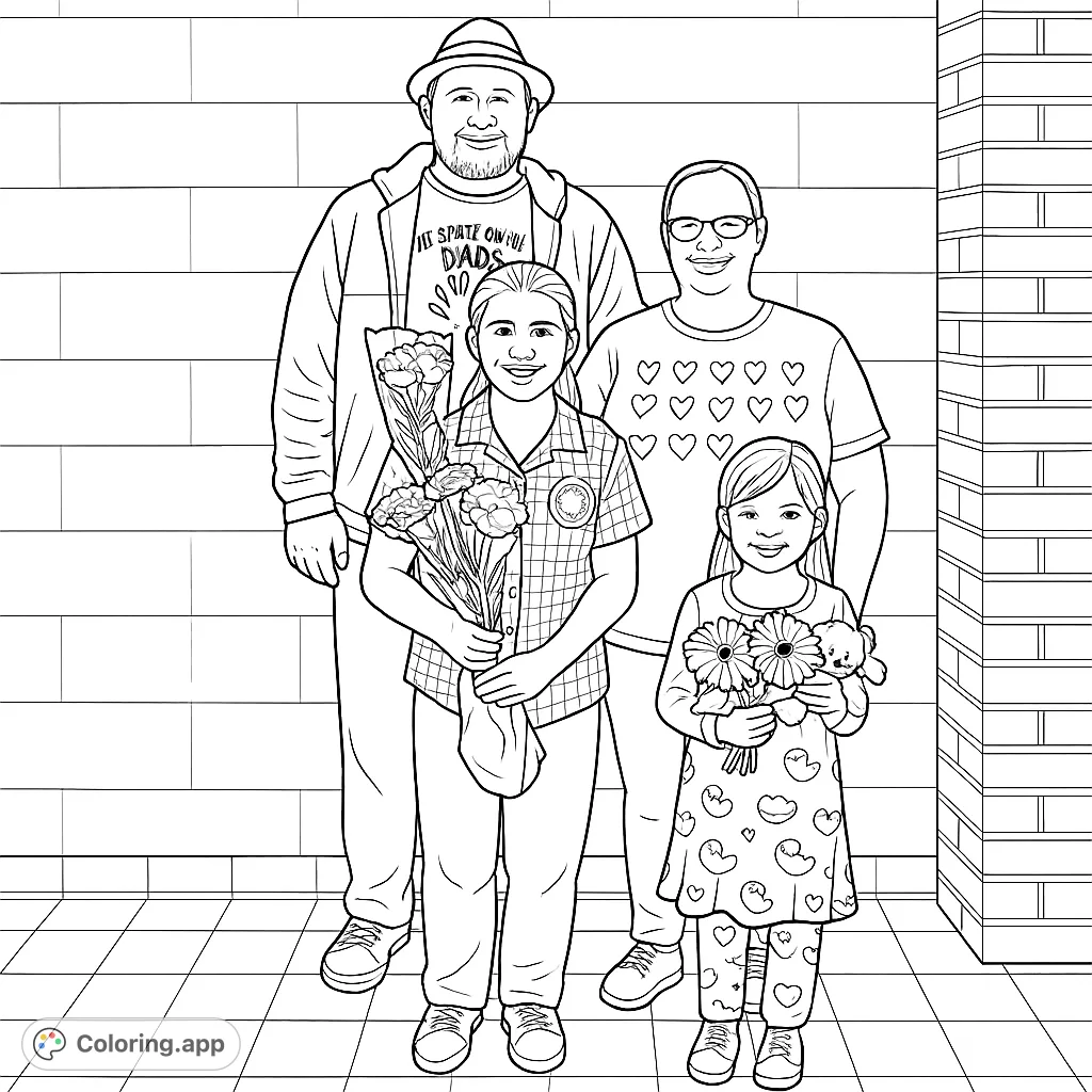 Capture a heartwarming family moment featuring two adults and two children holding lovely flower bouquets, set against a detailed brick wall and tiled floor.