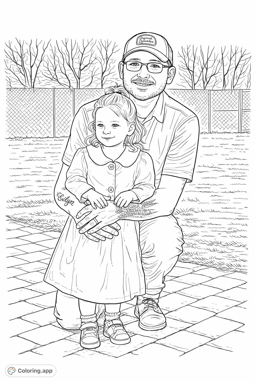 A heartwarming family portrait featuring a father and his young child, captured in an outdoor setting with intricate details for a satisfying coloring experience.