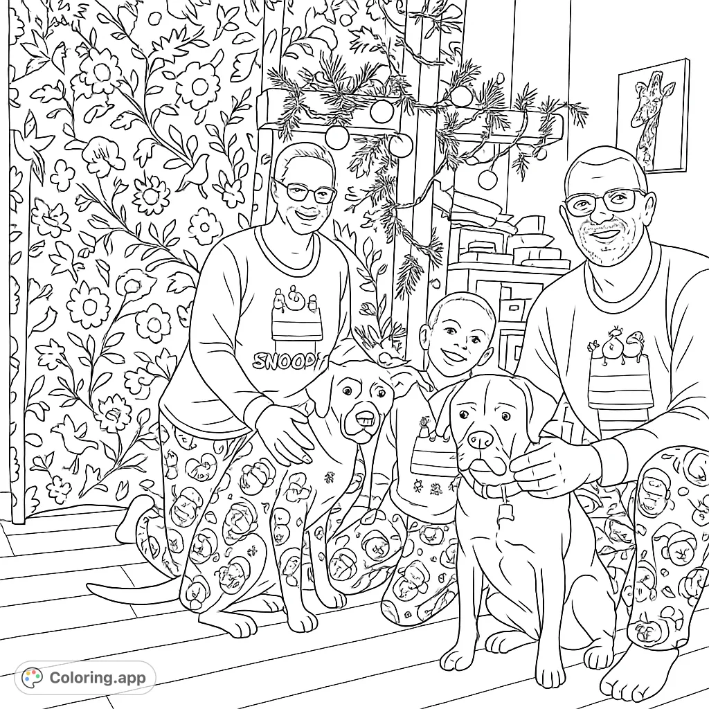 A heartwarming festive scene featuring a family in matching pajamas, their two beloved dogs, and cheerful holiday decorations, perfect for spreading joy.