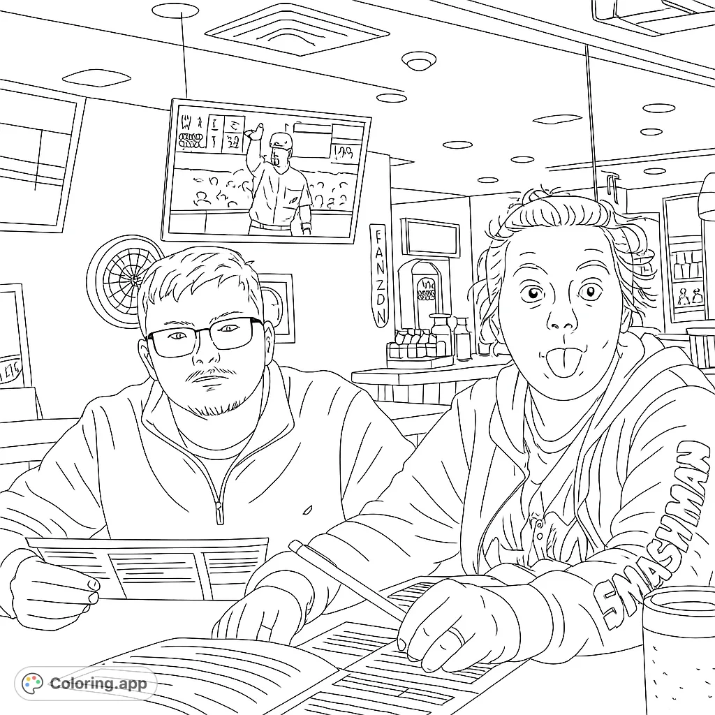 Capture a fun moment of two friends at a casual eatery. Features lively expressions and a dynamic background, perfect for a relaxing coloring session.