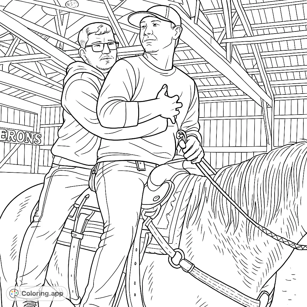 Color a heartwarming scene of two friends riding a horse in a rustic barn. Perfect for animal lovers and those who enjoy friendship themes.