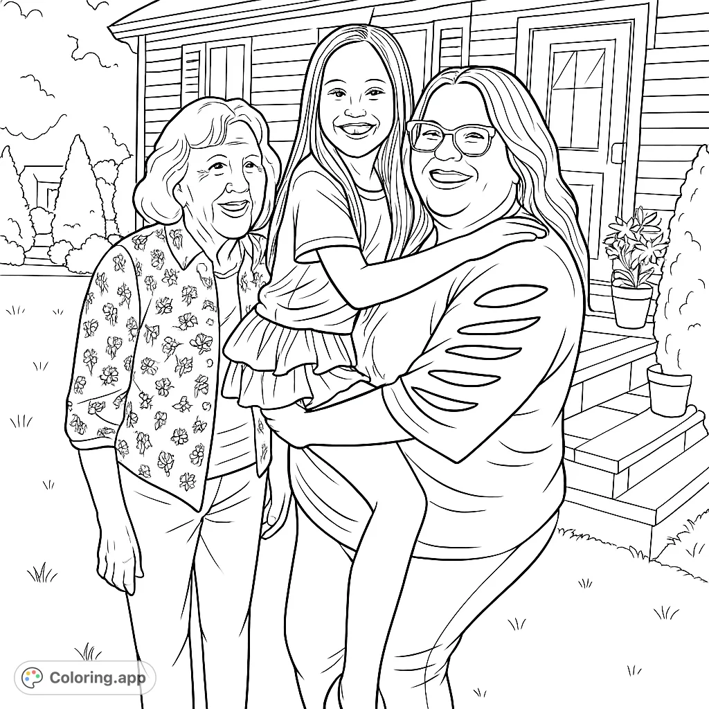 Capture the warmth of family with this generational portrait coloring page. Three smiling women across different ages pose happily outdoors. Perfect for family-themed coloring.