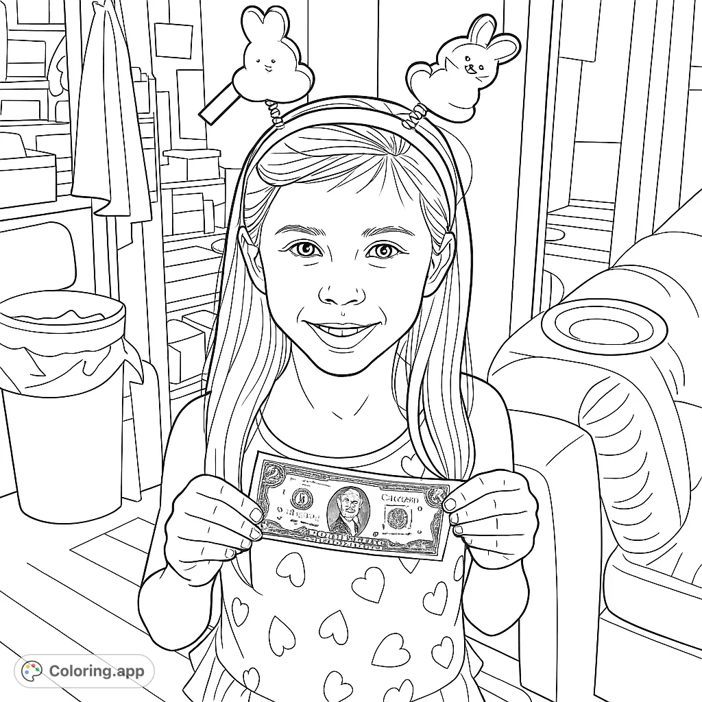 A joyful girl wears a festive bunny headband and a dress adorned with butterflies, proudly displaying a dollar bill. A charming scene for creative coloring!