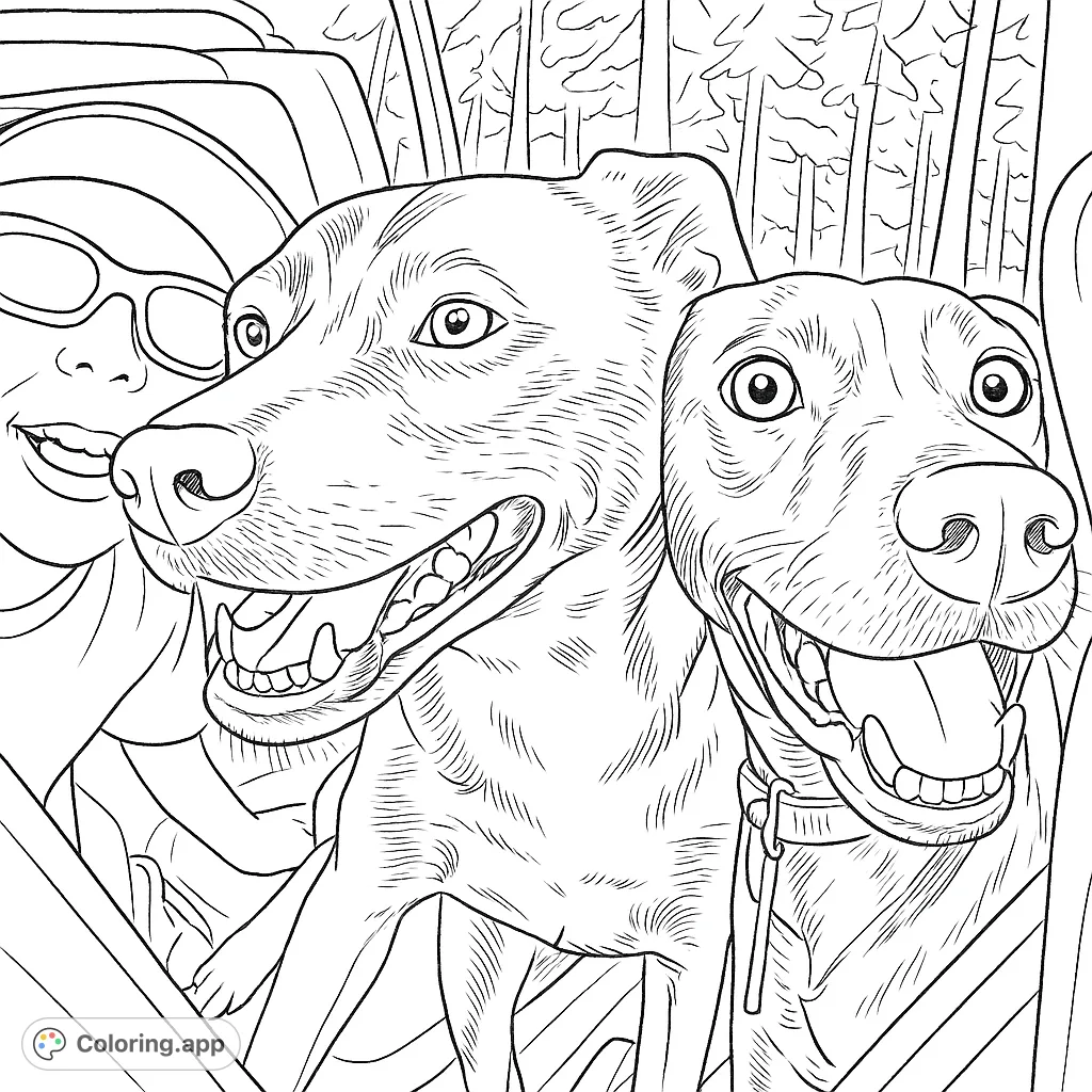A joyful child smiles beside two happy dogs, ready for an outdoor adventure in a vehicle. This free printable coloring page captures pure fun!