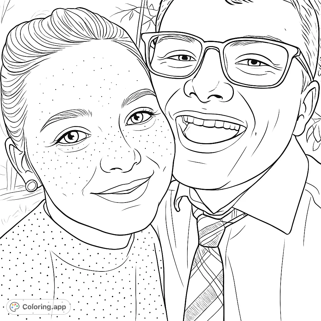 Capture a joyful moment between two friends with this happy portrait coloring page. Features expressive faces, detailed freckles, glasses, and a patterned tie.
