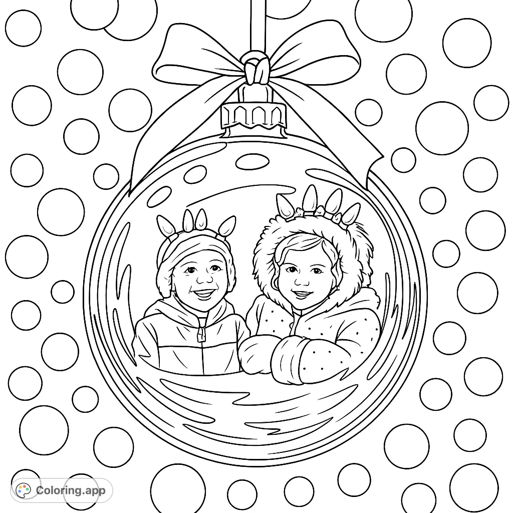 Two cheerful children peek from inside a festive holiday ornament, adorned with glowing lightbulb crowns, surrounded by a magical display of blurred lights.