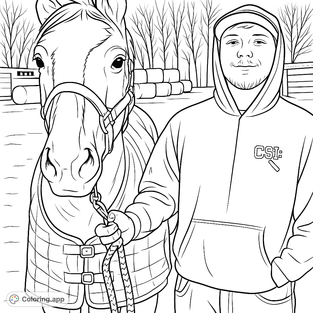 A detailed horse coloring page featuring a horse with unique markings and its handler, set against a rustic background, perfect for animal lovers.